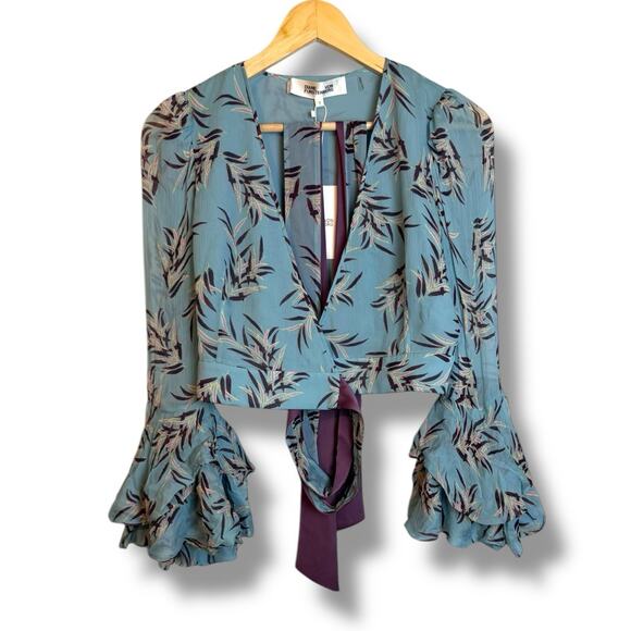 Diane Von Furstenberg Miranda Wrap Cropped Blouse Ruffle Sleeve Size 2 NEW $338 - Picture 2 of 11